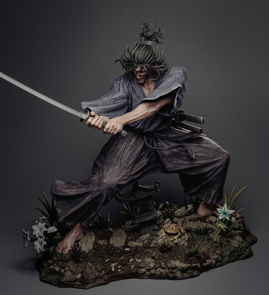 Front pose of Miyamoto Musashi holding a katana in a wide stance on a scenic base with flowers and a frog.