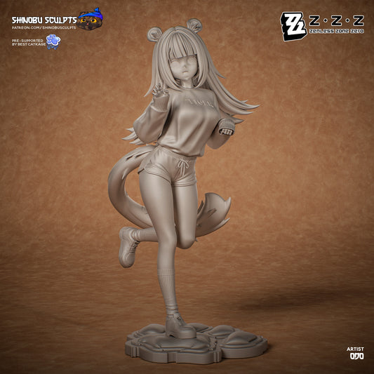 Front view of Ju Fufu 1:8 scale figure from Zenless Zone Zero, posed on one leg with tiger ears, tail, sweatshirt, shorts, and sneake