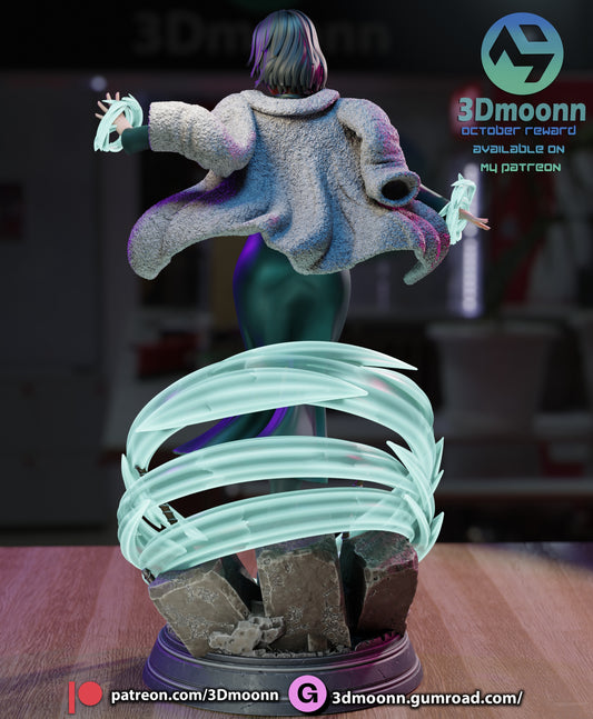 Back View: Rear view of Fubuki figure showcasing detailed fur coat flowing outward with energy swirl around her legs.