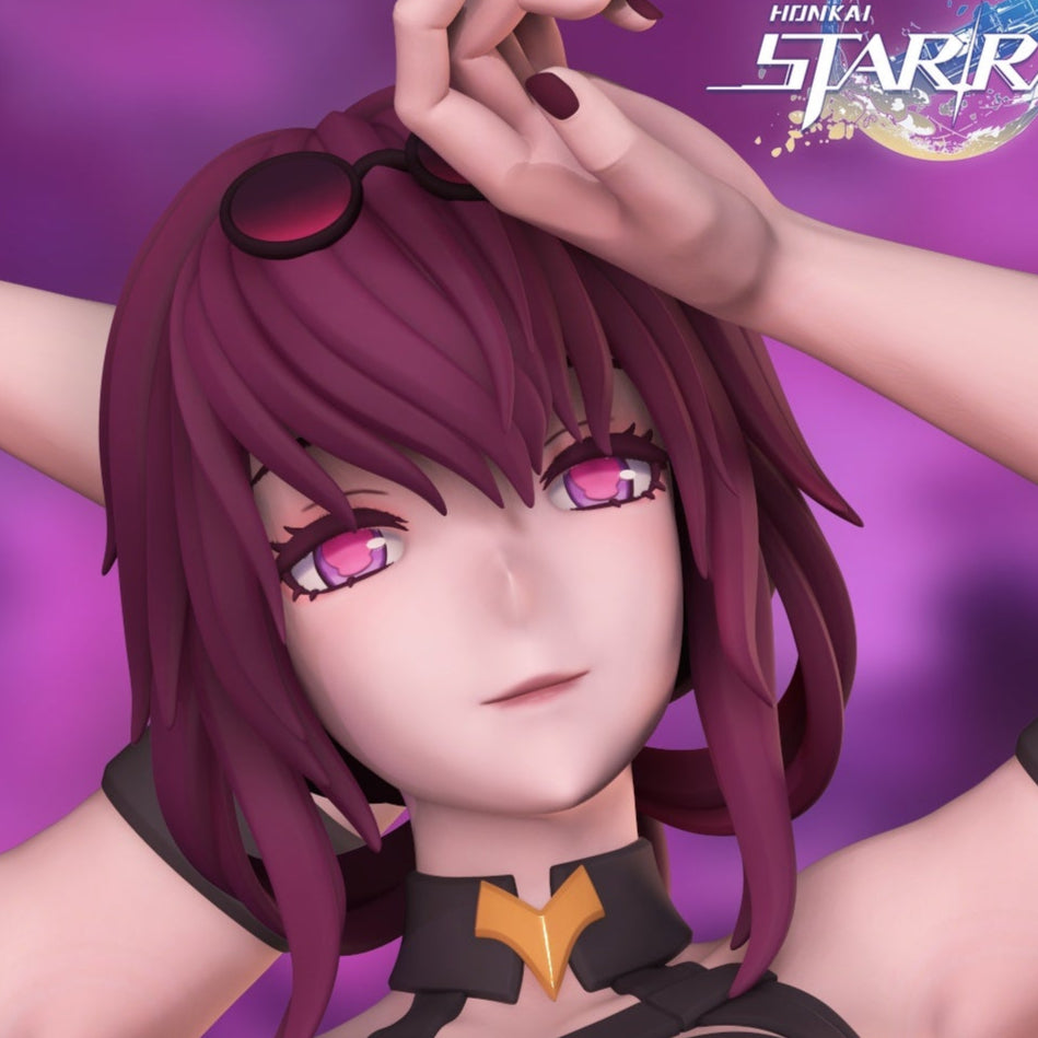 Kafka Honkai Star Rail figure close-up colored renders of two facial expressions with confident smirk and softer look.