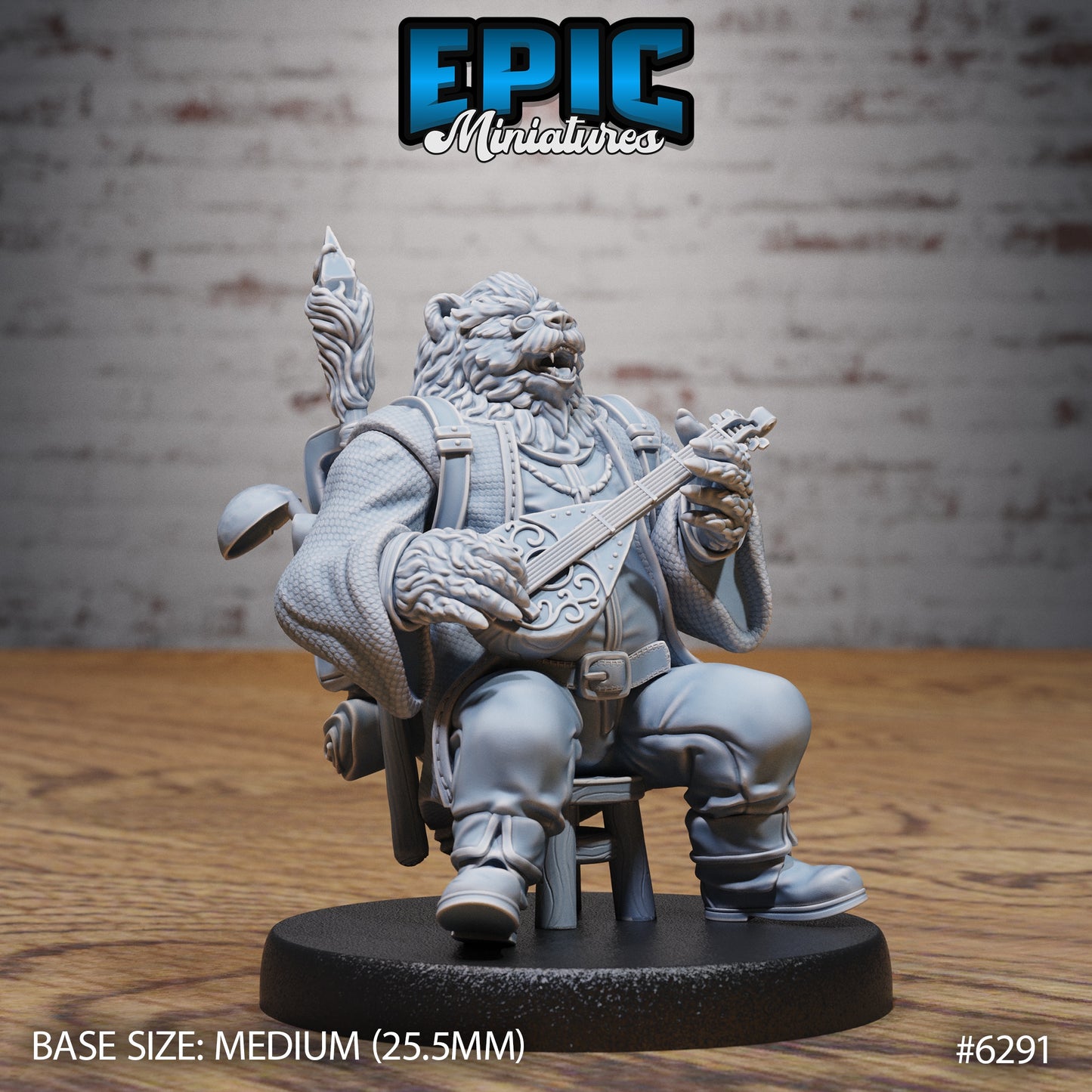 Anthropomorphic bear bard miniature seated playing lute singing pose traveling gear Dungeons and Dragons resin tabletop miniature medium base