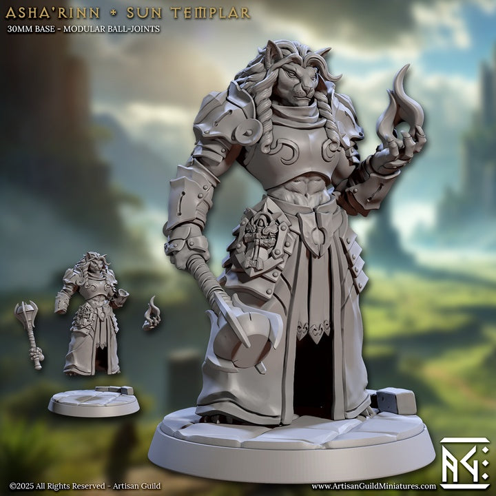 Asha’Rinn Sun Templar female lionfolk paladin miniature holding sacred flame, heavy plate armor, ritual symbols, fantasy tabletop miniature