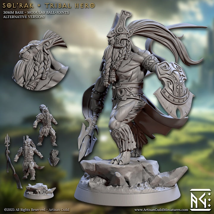 Sol’Rak tribal hero beastfolk warrior miniature, armored anthropomorphic beast fighter, shield and blade equipment, heroic battle stance, fantasy tabletop miniature