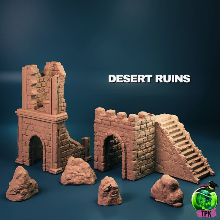 Desert Ruins terrain set with crumbling stone structures, archways, staircases, and scattered rocky formations, perfect for tabletop RPGs like Dungeons & Dragons and Pathfinder.