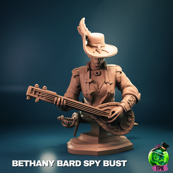 Bethany Bard Spy bust with wide-brimmed hat and feather, head tilted down, playing a lute while wearing detailed bardic attire – fantasy RPG bust collectible.