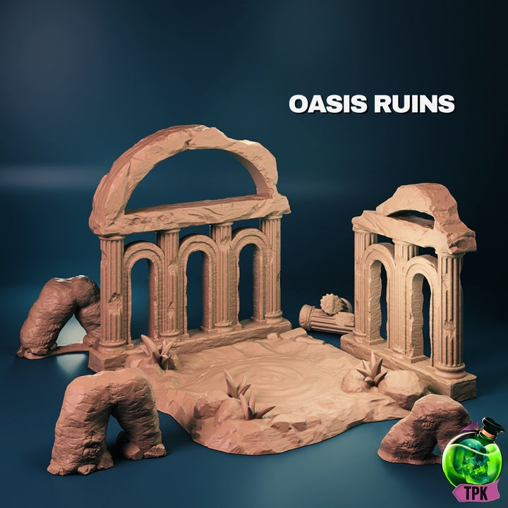 Oasis Ruins terrain set with ancient crumbling archways, pillars, and a dried-up waterbed, ideal for tabletop RPGs like Dungeons & Dragons and Pathfinder.
