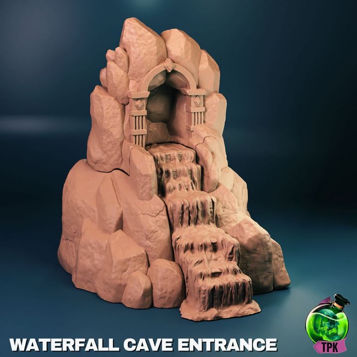 Front view of Waterfall Cave Entrance terrain piece with stone archway and cascading carved waterfall.