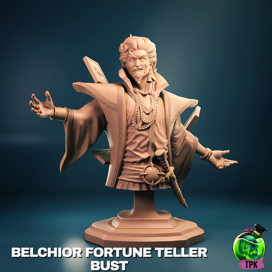 Belchior Fortune Teller Bust: Bust of fortune teller with detailed beard, robes, and arcane cards floating behind, arms open in a commanding stance.