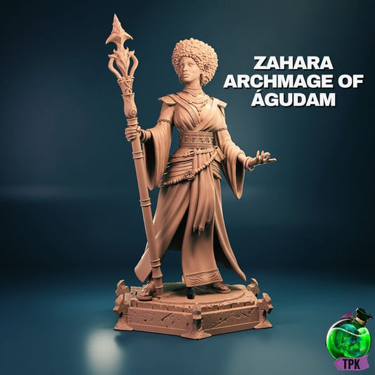 A full-body miniature of Zahara, Archmage of Agudam, holding an ornate staff with intricate details, dressed in flowing robes, standing confidently on a decorated base.