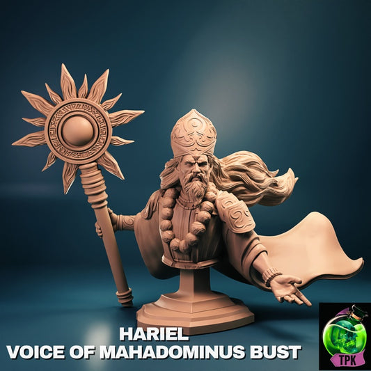 Bust of Hariel, Voice of Mahadominus, featuring intricate robes, a radiant staff, and a commanding gaze, designed for collectors and painters.