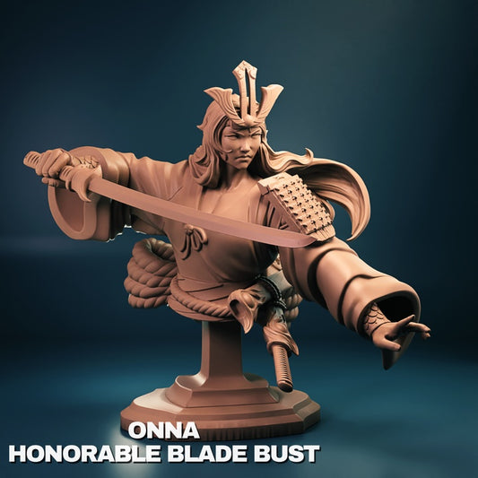 A bust of Onna, highlighting her fierce expression, battle-ready stance, and intricate samurai armor, katana raised for precision.