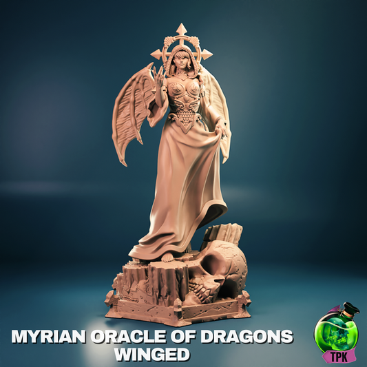 Myrian Oracle of Dragons standing on a base of skulls and stone, robed and winged, with one hand raised and the other holding her gown.