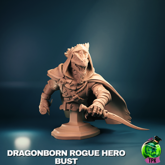 Bust of a male Dragonborn rogue wearing a hooded cloak, gripping a dagger with one hand extended forward. Ideal for display or painting in D&D and Pathfinder games.
