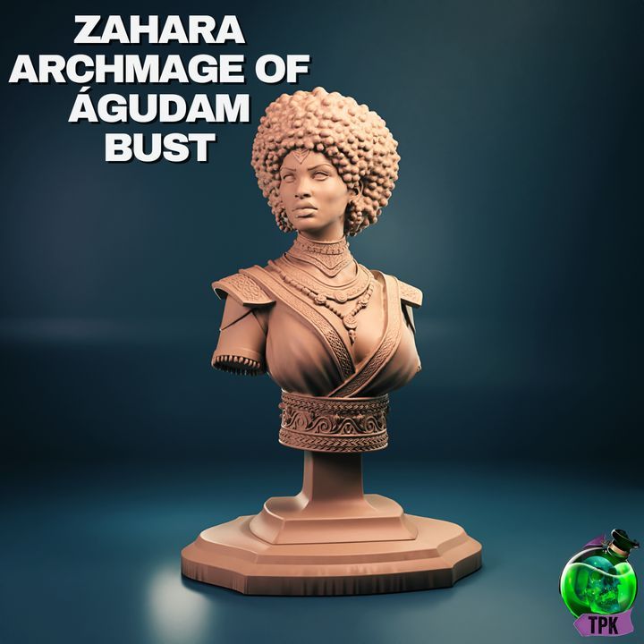 A bust of Zahara, Archmage of Agudam, featuring intricate details in her garments and a serene expression, designed to showcase her arcane mastery.