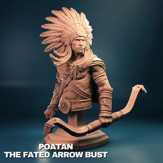 A detailed bust of Poatan, wearing a feathered headdress and holding a bow, showcasing intricate armor and expression.
