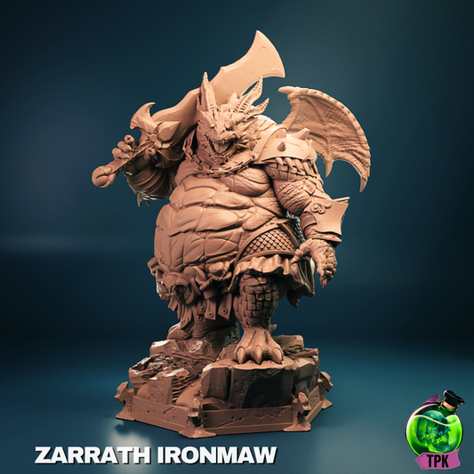 Full-body figure of Zarrath Ironmaw, a rotund dragonborn warrior with large wings, spiked armor, and an oversized cleaver. Stands on a detailed stone base. Great for fantasy TTRPGs like D&D or Pathfinder.