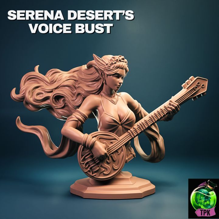 Bust of Serena Desert's Voice, a female elf bard miniature, featuring intricate lute details and flowing hair, ideal for display or TTRPG use.
