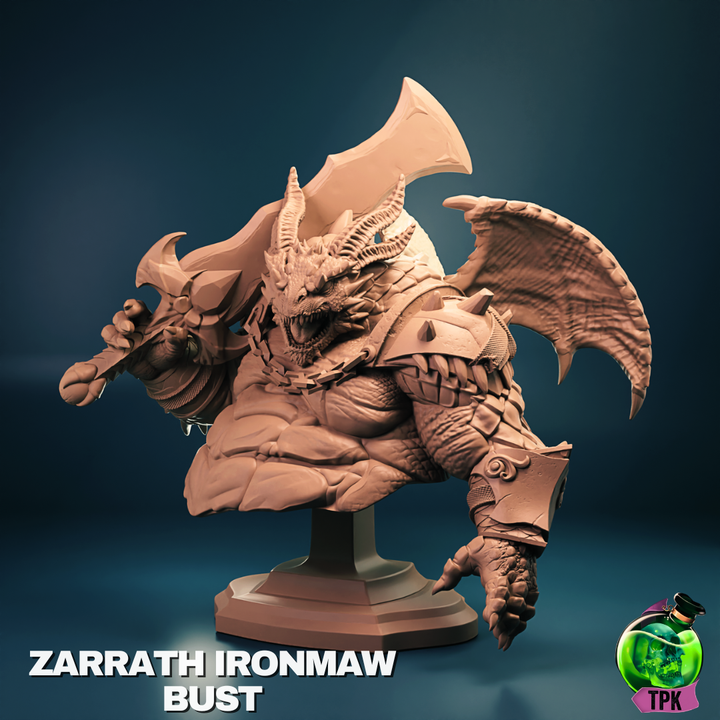 Bust of Zarrath Ironmaw gripping a massive cleaver, snarling with fanged jaws. Features thick scales, horned head, and one outstretched claw. Ideal for display or villain NPCs in fantasy tabletop games.