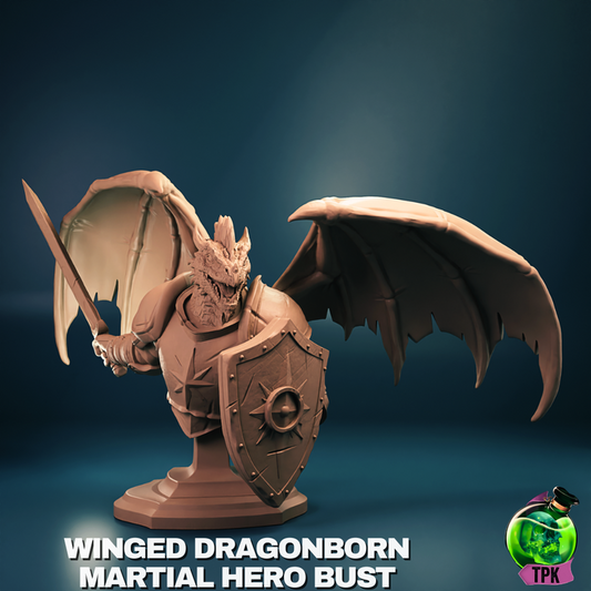 Winged Dragonborn male hero bust with large wings extended, sword raised, shield braced forward, detailed armor across the chest, suitable for representing a fighter or paladin in TTRPGs.