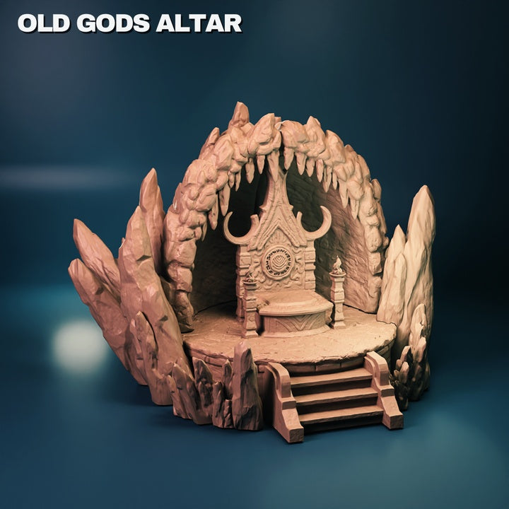 The Old Gods Altar miniature, featuring a gothic throne within a jagged stone cavern, flanked by ominous pillars.