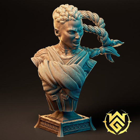 A striking bust of the Arcburn Brawler, showcasing an intense expression with intricately braided hair and layered martial wraps over her shoulders. Mounted on an ornate pedestal.