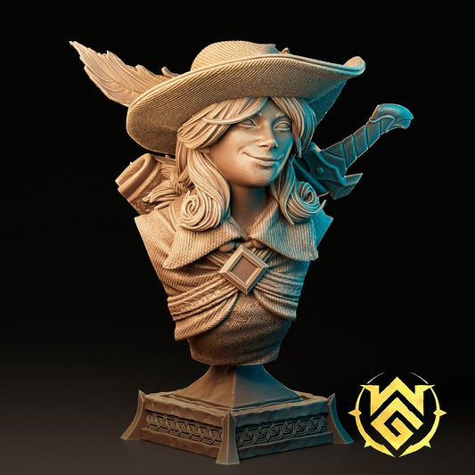 A detailed bust of Hound Tamer Bell, wearing a wide-brimmed hat adorned with feathers, a confident smirk on her face. She has a rapier at her back and a wrapped cloak.