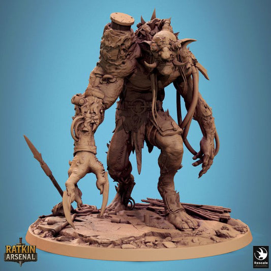 Experimental Blight Troll standing pose – upright ratkin-infused troll with a mechanical claw arm, tusks, and exposed grafted tech.