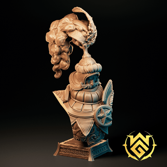 Bruti the Benediction bust depicting a paladin in ornate sun-themed armor with a crested plume and detailed pauldrons, mounted on a sculpted base – fantasy bust for Dungeons & Dragons, Pathfinder, or Warhammer.