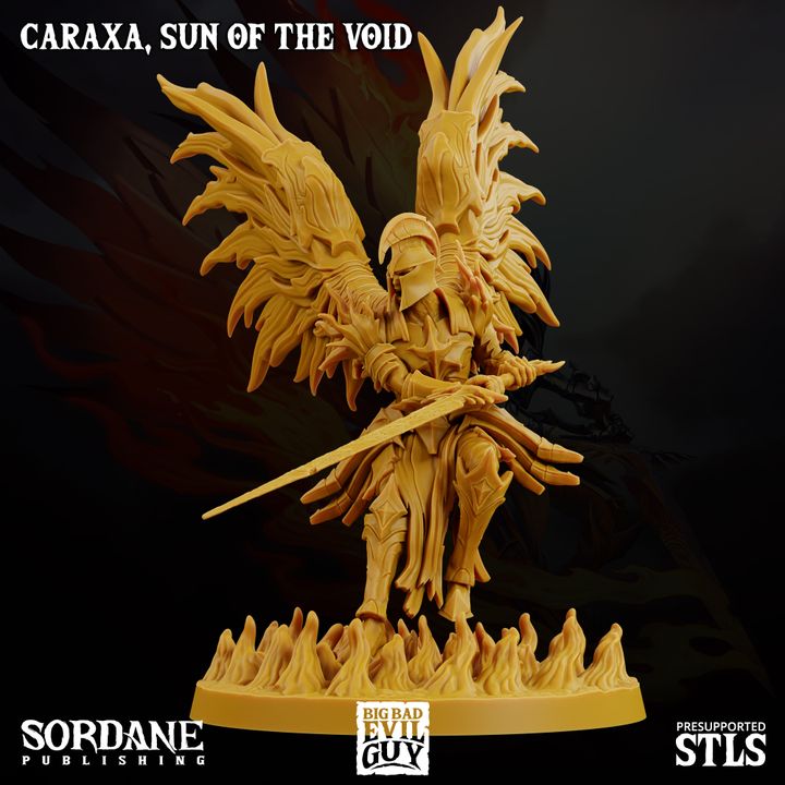 Caraxa with a helmet, offensive stance, holding a sword, ideal for celestial combat in Dungeons & Dragons or Pathfinder.