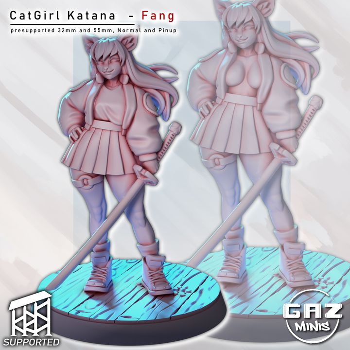 CatGirl Fang figurine holding katana, wearing skirt and jacket, normal version on base
CatGirl Fang figurine pinup variant with katana and school-style outfit on round base
