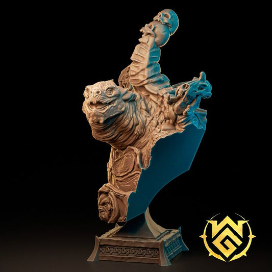 Bust of the Child of Torsus featuring a tortle warlock with a snarling expression, skull-topped shell, jagged textures, and mystical carvings on a decorative base.