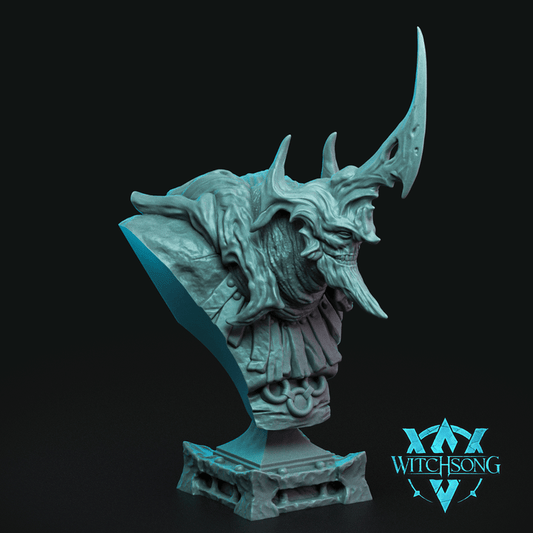 The Cryptid Executioner bust depicting an undead warrior with elongated horns, torn armor, and a skeletal visage, mounted on a decorative base – fantasy bust for Dungeons & Dragons, Pathfinder, or Warhammer.
