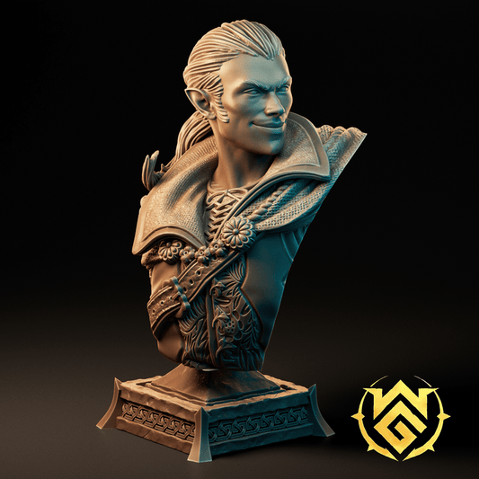 Dorian the Damned bust sculpture depicting smirking vampire noble with intricate embroidery and high-collared coat.