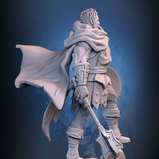 Rear angle of Greldon miniature showing detailed cloak and raised mace, ideal for use as a fantasy paladin or war cleric.