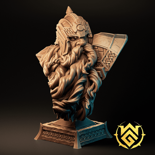 Dwarven cleric bust with ornate helm, thick braided beard, stern expression, heavy fantasy armor details, display bust for tabletop and fantasy collectors