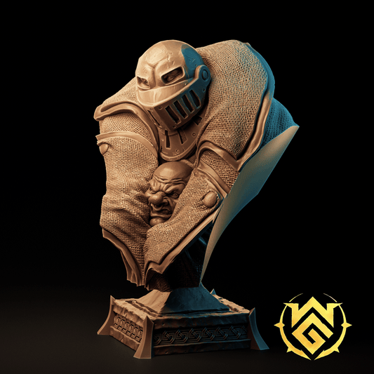 Bust of Gaban of the Coat, armored helm with trench coat disguise, goblin faces peeking out – collectible bust for Dungeons & Dragons and Pathfinder