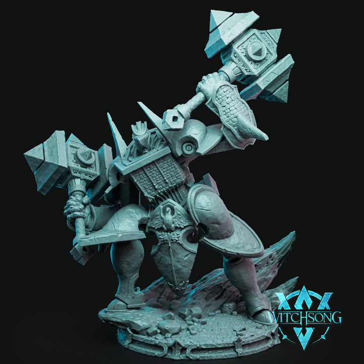 Gallant Castleguard full miniature, colossal armored golem with tower shield torso and dual hammers, poised in defensive stance, ideal for Dungeons & Dragons or Pathfinder campaigns.