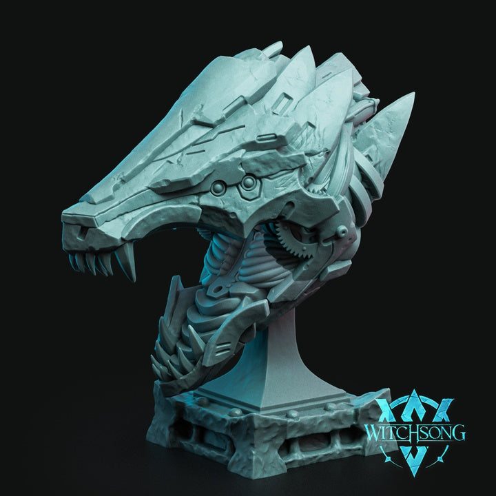 Bust of the Gearworn Serpent, showcasing its cybernetic skull with exposed gears and mechanical components, mounted on a futuristic base.