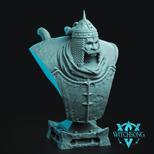 God’s Puppet bust figurine of a cursed golem with skeletal features beneath a knight’s helm, armored chestplate, and heavy chains, designed for Dungeons & Dragons or Pathfinder.