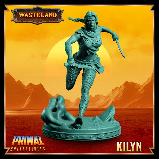 Front view of Kilyn, an elven rogue in motion, wielding a dagger and wearing a rugged wasteland outfit.