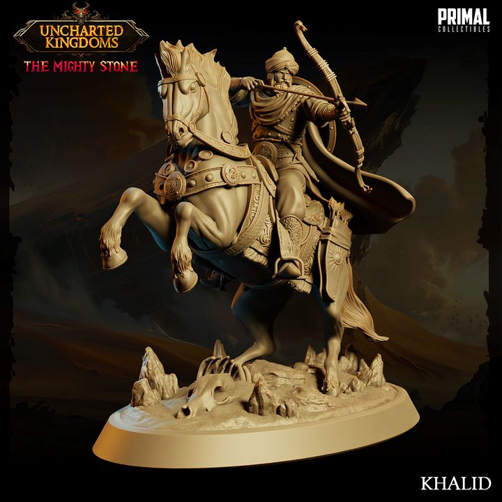 3D-printed Khalid miniature, showcasing a mounted archer in detailed desert armor, ideal for TTRPGs like Dungeons and Dragons and Pathfinder.