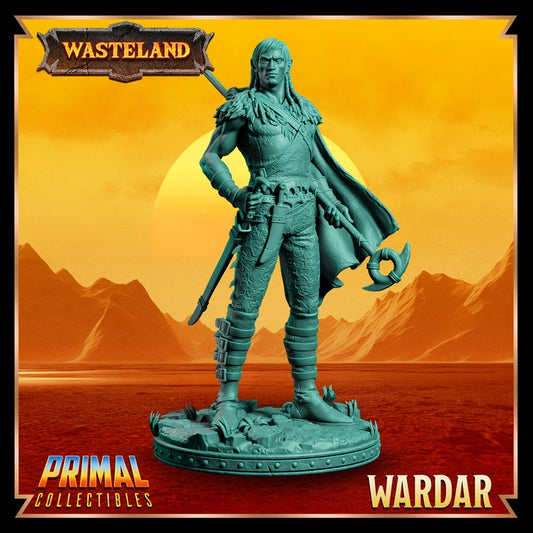 A detailed elf wizard miniature, Wardar, standing with a staff and sword, wearing fur-lined robes and intricate armor, against a wasteland backdrop.