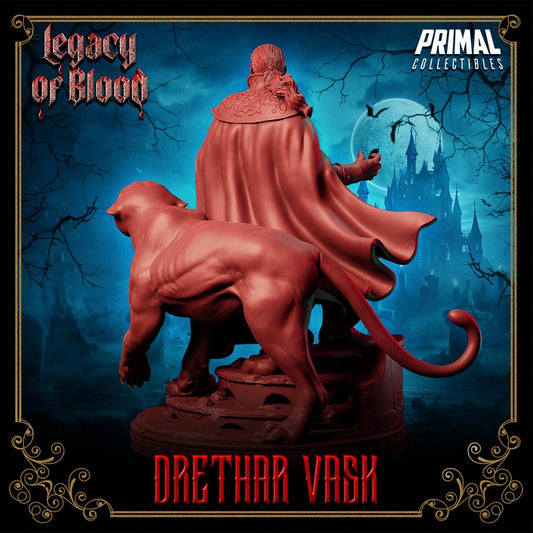 Drethar Vask miniature back view, long cloak flowing behind him, with his vampiric panther stalking beside him.