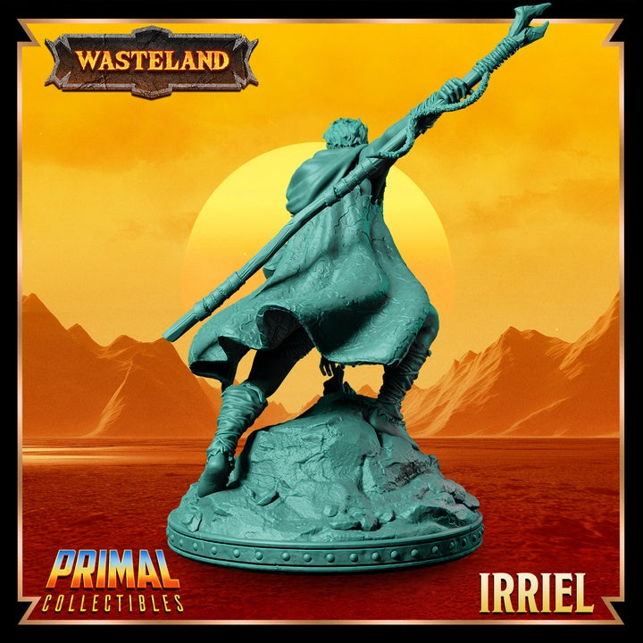 Rear view of Irriel, highlighting his flowing cloak and staff as he crouches on a rugged base, ready for action.
