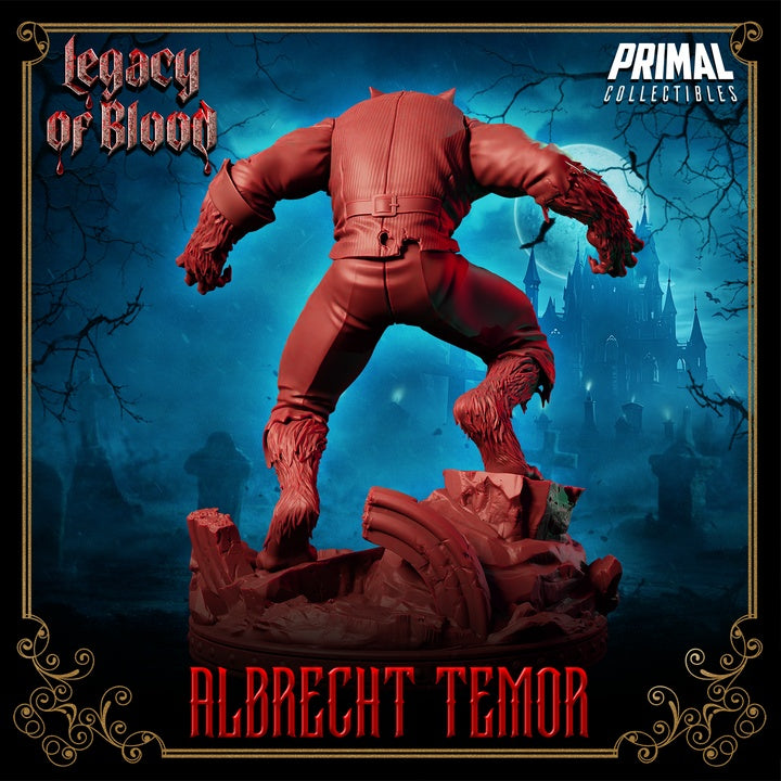 Rear view of Albrecht Temor revealing tattered noble suit, hunched back, and werewolf tail.
