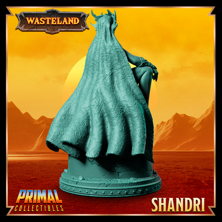 Back view of Shandri, showing the full drape of her textured cape flowing over the throne as she sits in a regal pose.