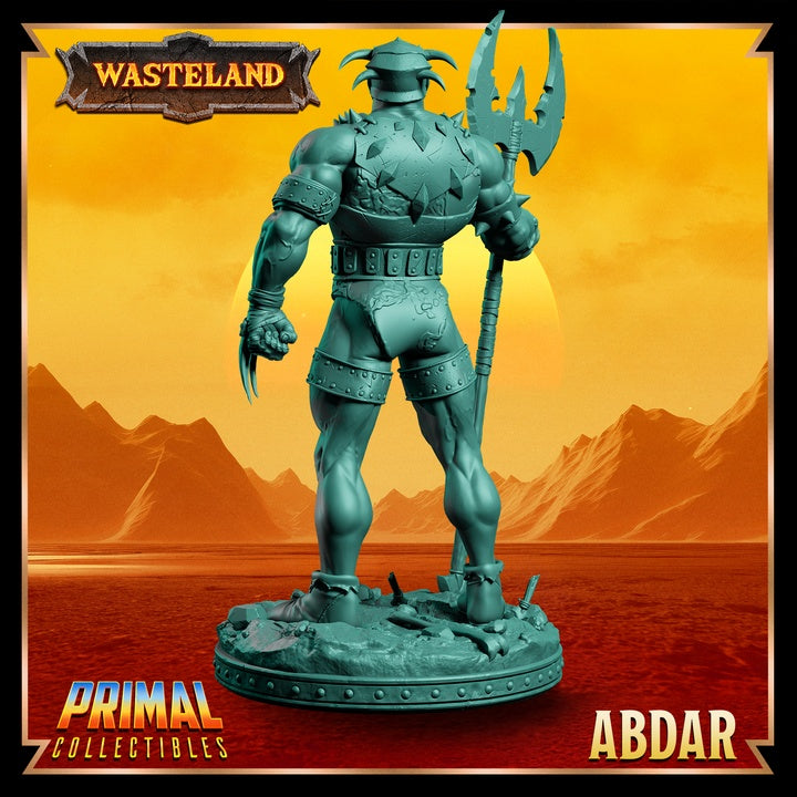 Rear view of Abdar, highlighting the details of his spiked armor, horned helmet, and axe.