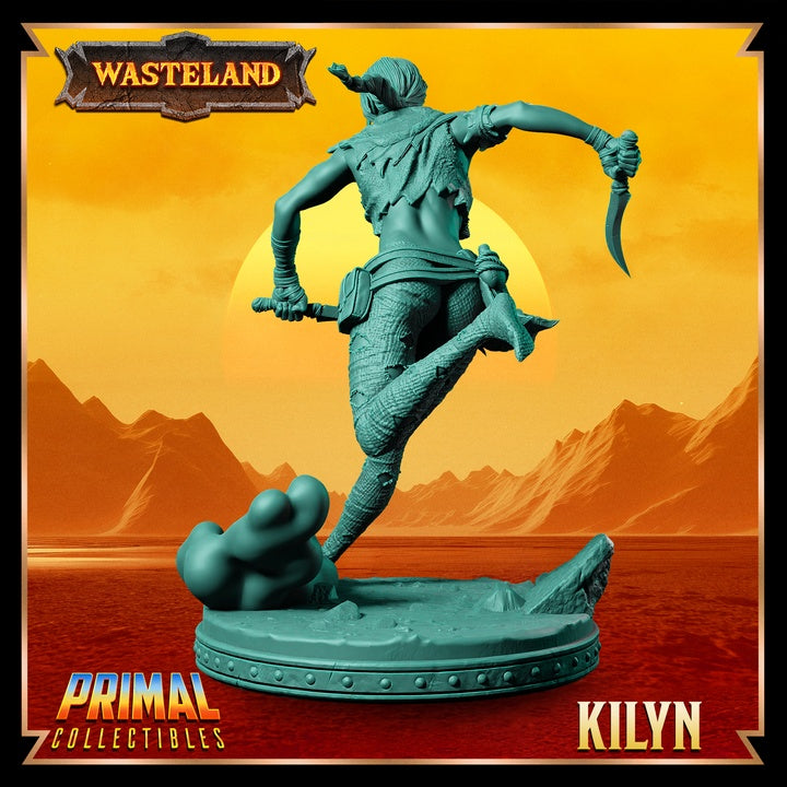 Back view of Kilyn, showing her leaping stance, detailed armor, and a dynamic base featuring smoke and debris.