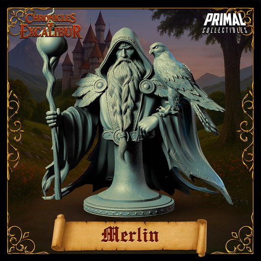Merlin bust miniature, elderly wizard sage bust, long flowing beard, hooded robes, staff of magic, raven familiar on shoulder, Arthurian wizard bust, Chronicles of Excalibur