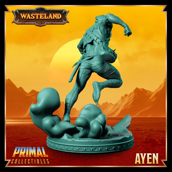 Rear view of Ayen, showcasing his flowing sash, intricate armor details, and the dynamic movement of his leaping pose, with his dagger ready for a strike.